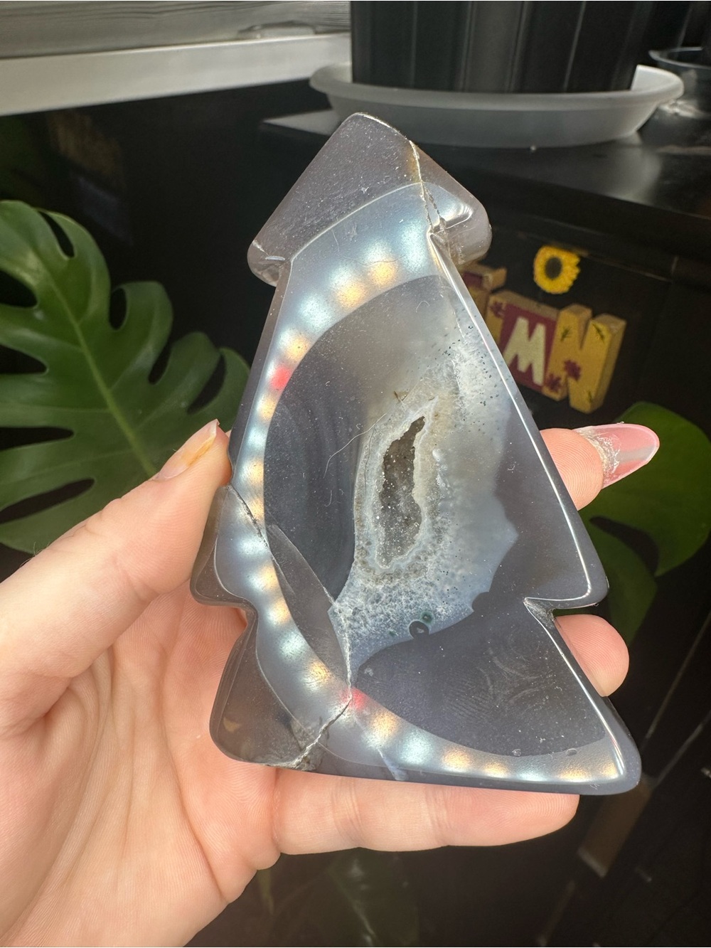Gray Agate Tree Slice Decorative Accent with Druzy Center